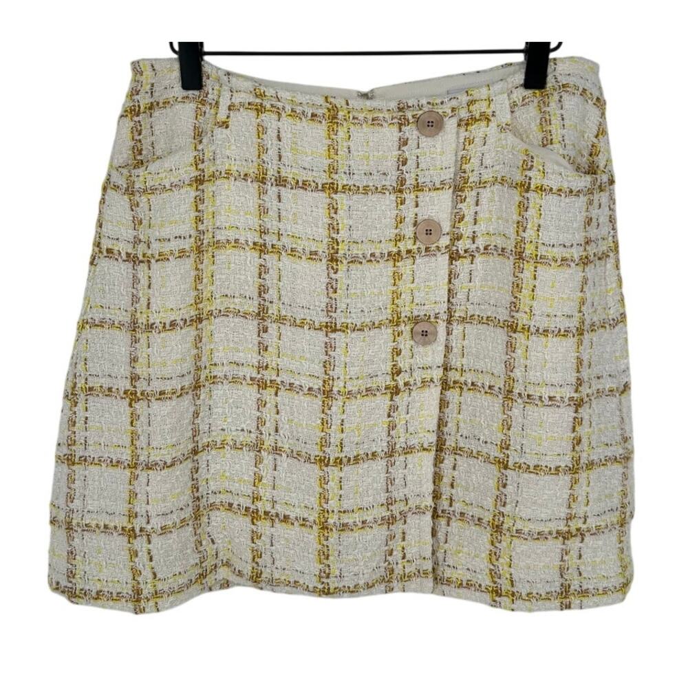 Cabi White Gold Tweed Plaid Mini Skirt Gold Buttons Preppy Academia Winter 8